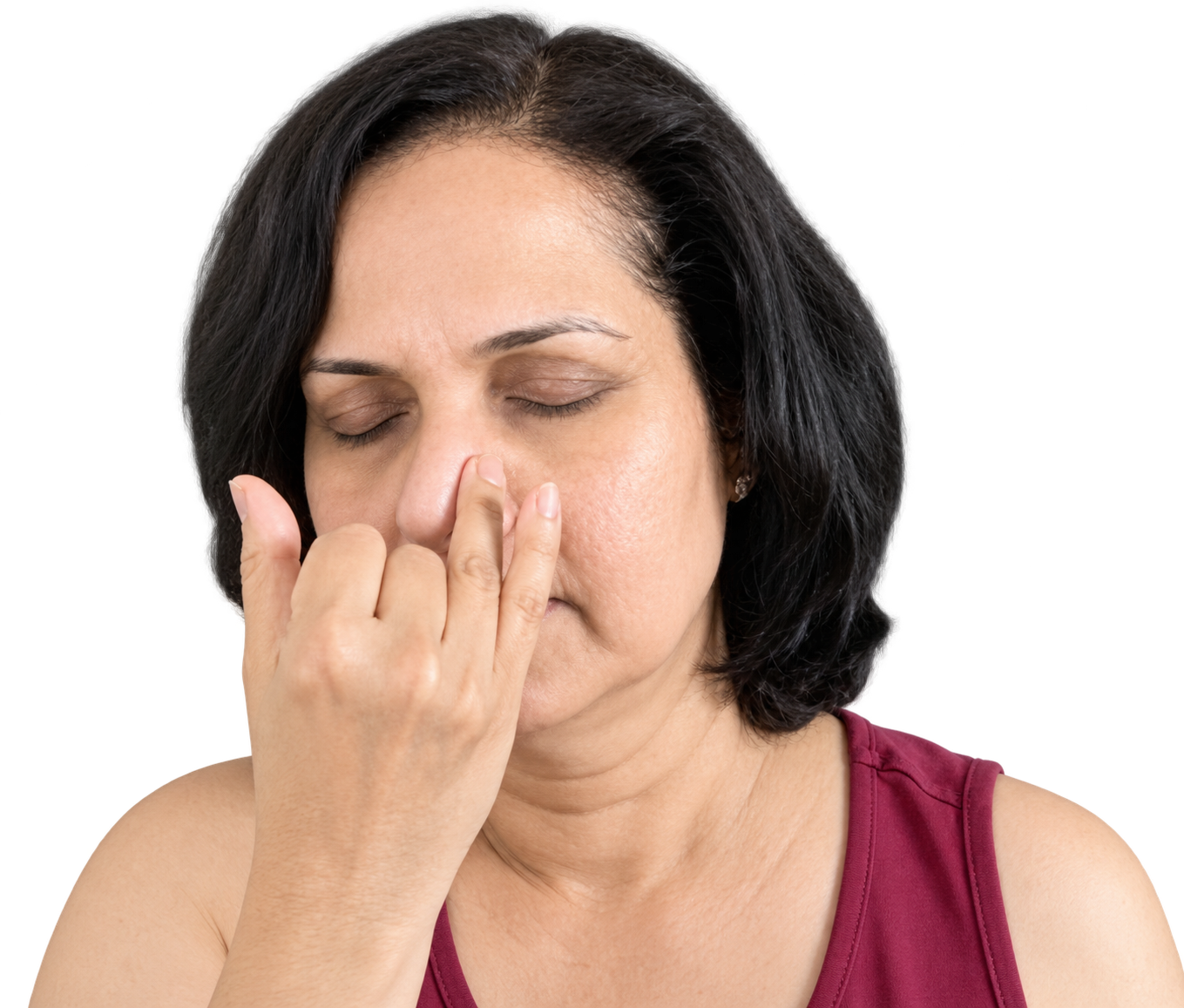 Dr. Malathi demonstrates placing her fingers beside the nostrils to alternate which side is open.