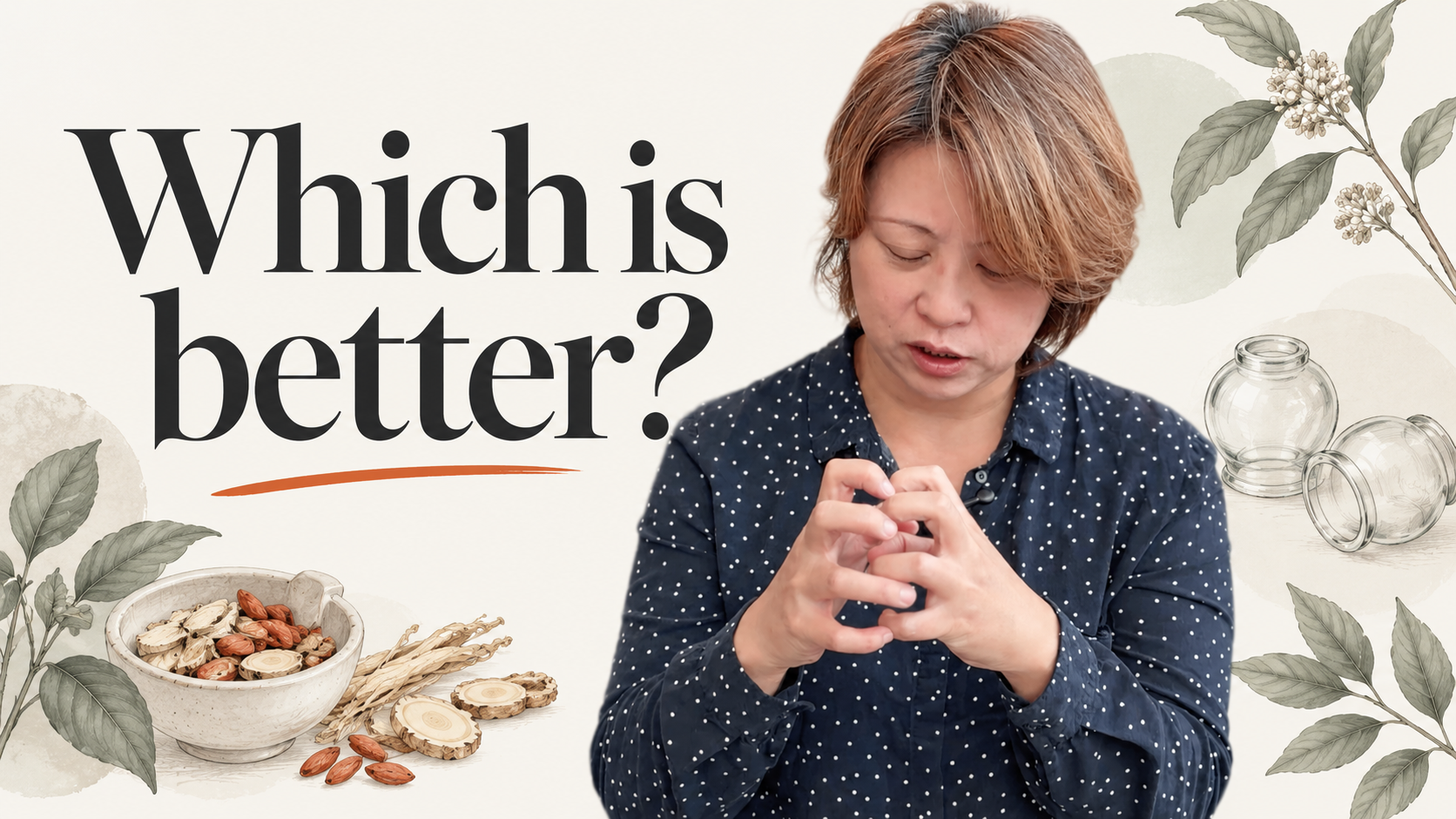 Which is better? Dr Deb explaining a concept beside illustrations of Chinese medicinal herbs and cupping cups.