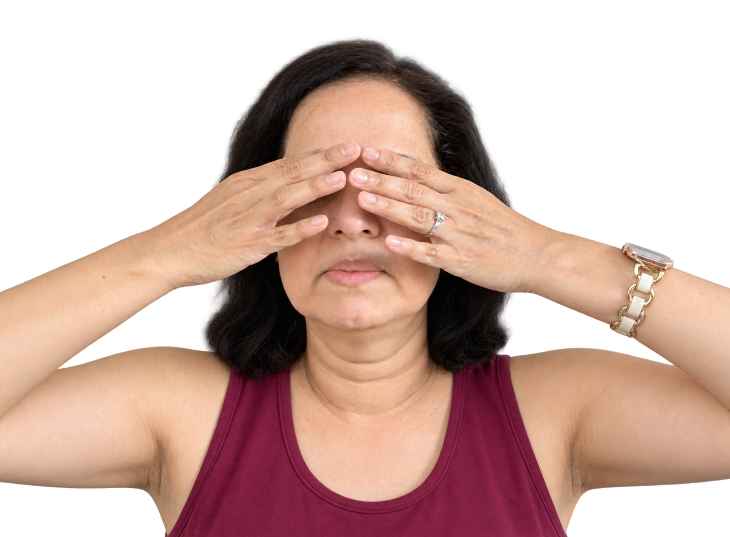 Dr. Malathi demonstrates the two-handed position for humming bee breath, with fingers resting lightly across the face.