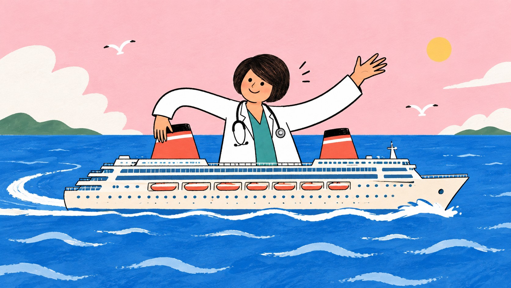 Illustration of Dr Deb in a white coat waving from a cruise ship at sea
