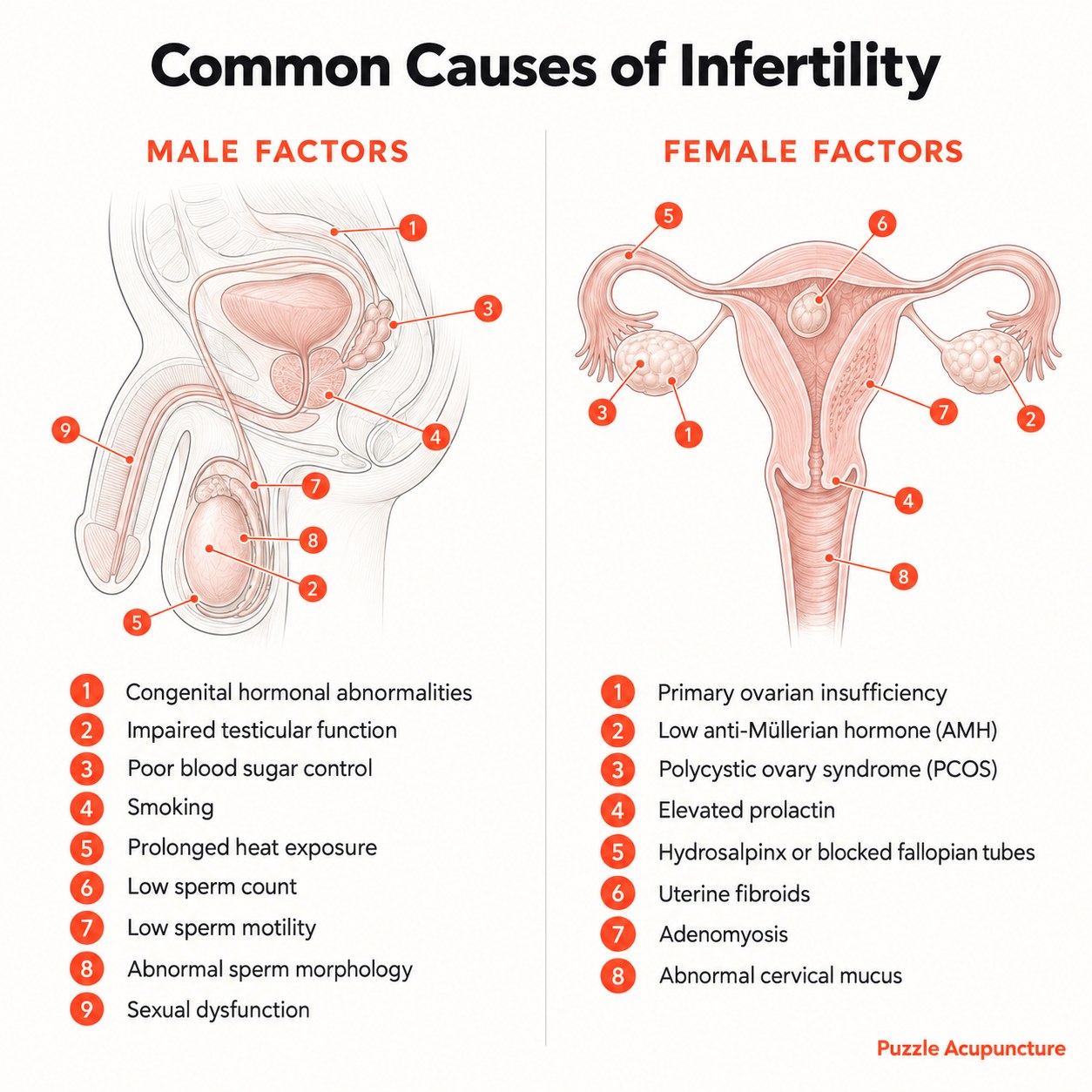 Common causes of infertility, numbered on two anatomical drawings. Male factors: congenital hormonal abnormalities, impaired testicular function, poor blood sugar control, smoking, prolonged heat exposure, low sperm count, low sperm motility, abnormal sperm morphology, and sexual dysfunction. Female factors: primary ovarian insufficiency, low anti-Müllerian hormone (AMH), polycystic ovary syndrome (PCOS), elevated prolactin, hydrosalpinx or blocked fallopian tubes, uterine fibroids, adenomyosis, and abnormal cervical mucus.