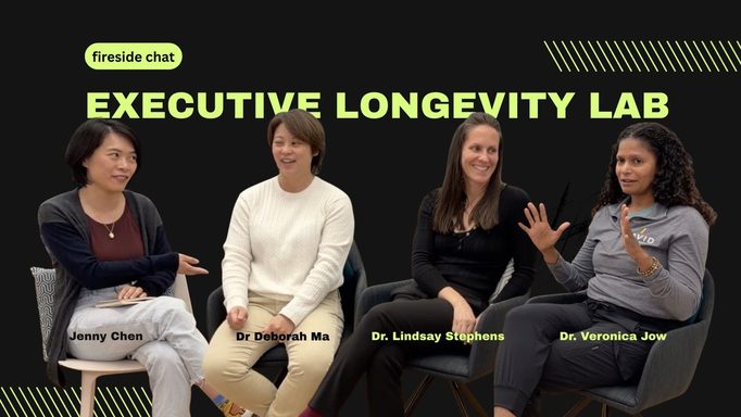 Four women seated on a dark stage for a fireside chat at the Executive Longevity Lab: Jenny Chen, Dr Deborah Ma, Dr Lindsay Stephens and Dr Veronica Jow