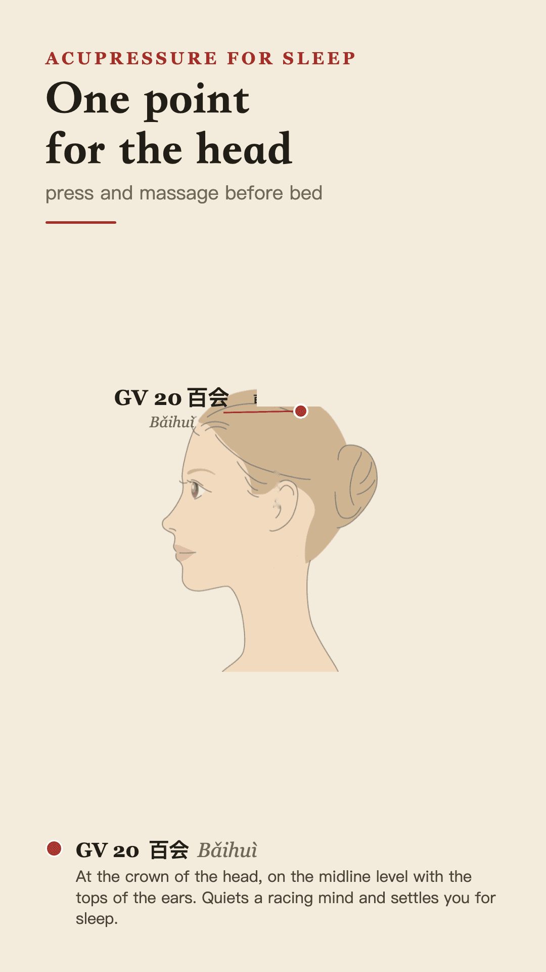 Acupressure card marking GV20 Baihui at the crown of the head
