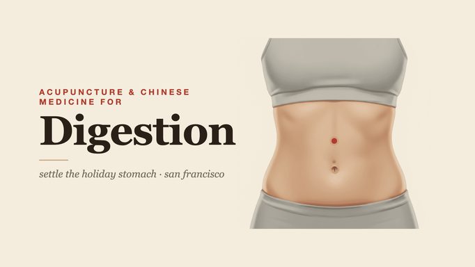 Illustration of a torso with a red acupoint marked at the navel, captioned “Acupuncture and Chinese Medicine for Digestion”