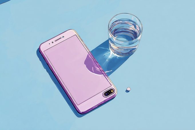 Illustration of a smartphone beside a glass of water and a single pill on a blue surface