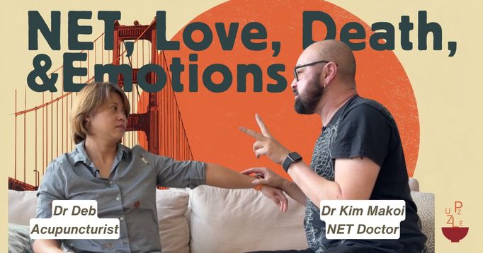 Dr Deb and her guest in conversation with a Golden Gate Bridge motif, captioned “NET, Love, Death and Emotions”, with Dr Kim Makoi