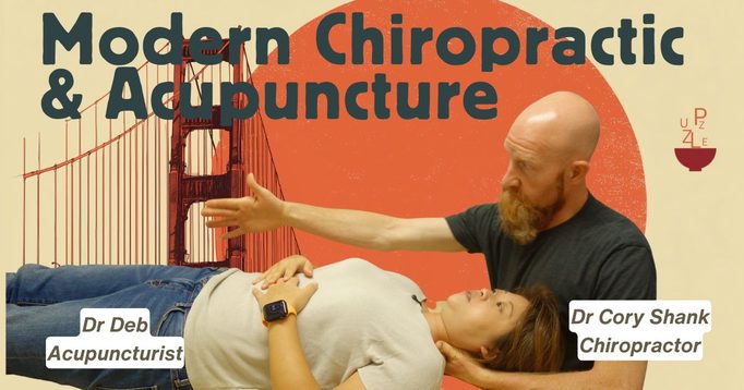 A chiropractor adjusting a woman lying back, with a Golden Gate Bridge motif, captioned “Modern Chiropractic and Acupuncture”, with Dr Deb and Dr Cory Shank