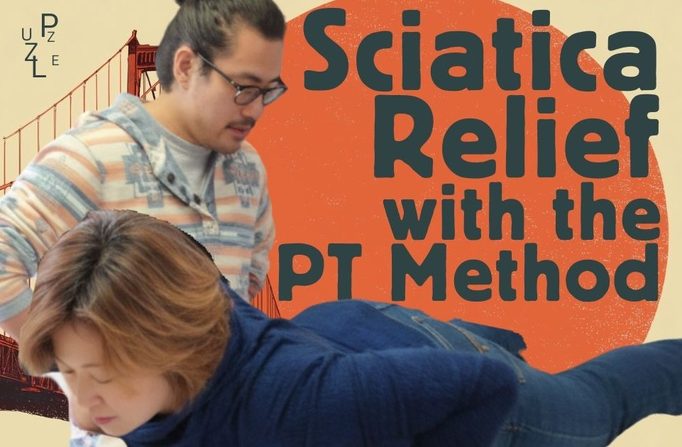 Two people, one lying face down being treated, with a Golden Gate Bridge motif, captioned “Sciatica Relief with the Test-Retest Method”