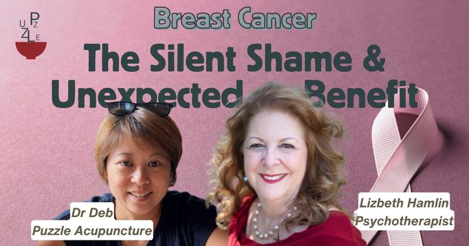Dr Deb and her guest on a pink background with a ribbon graphic, captioned “Breast Cancer: The Silent Shame and Unexpected Benefit”, with psychotherapist Lizbeth Hamlin