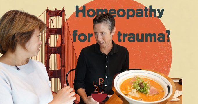Two doctors in conversation over bowls of ramen, captioned “Homeopathy for… trauma?”