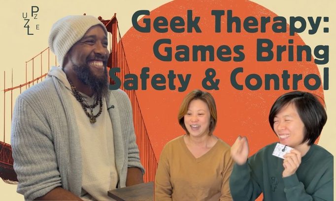 Three people in front of a Golden Gate Bridge backdrop, captioned “Geek Therapy: Games Bring Safety and Control”