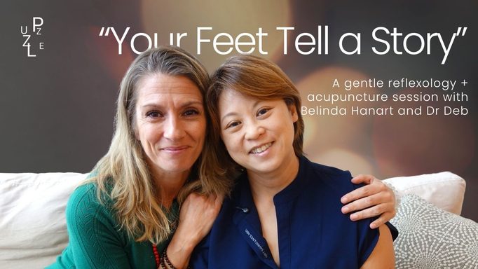 Two women cheek to cheek, smiling, captioned “Your Feet Tell a Story: a gentle reflexology and acupuncture session”, with Belinda Hanart and Dr Deb