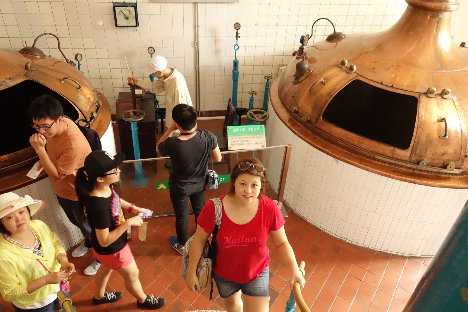 Dr Deb Ma on a brewery tour, climbing the stairs between two copper brewing kettles