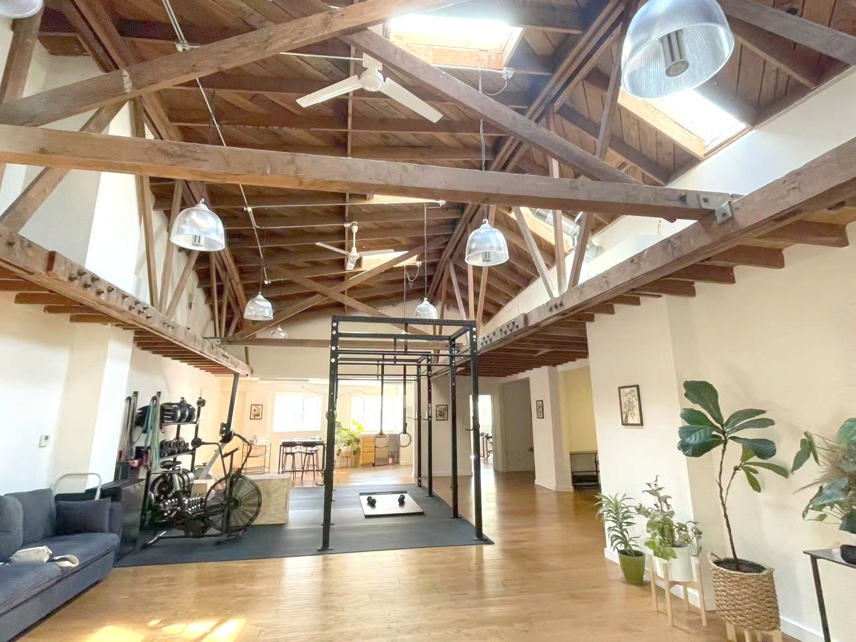 The clinic's open studio space, with exposed wood beams, skylights, and workout equipment