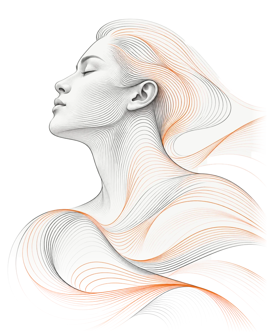 Contour line drawing of a person's head and shoulders in profile, eyes closed