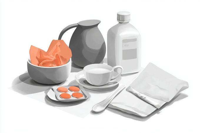 Illustration of a bedside tray with tea, medication, and tissues