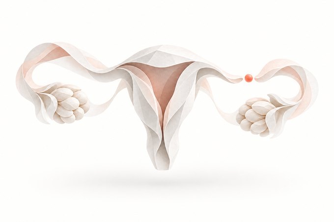 Illustration of a uterus and ovaries folded from pale paper, with a small orange egg leaving the right tube