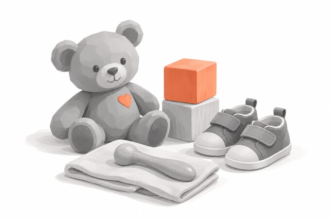 Illustration of a grey teddy bear with an orange heart, two stacked blocks, a folded muslin cloth, a wooden rattle and a pair of small shoes