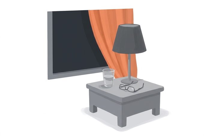 Illustration of a bedside table with a lamp, a glass of water and a pair of glasses, beside a dark window with a curtain drawn back