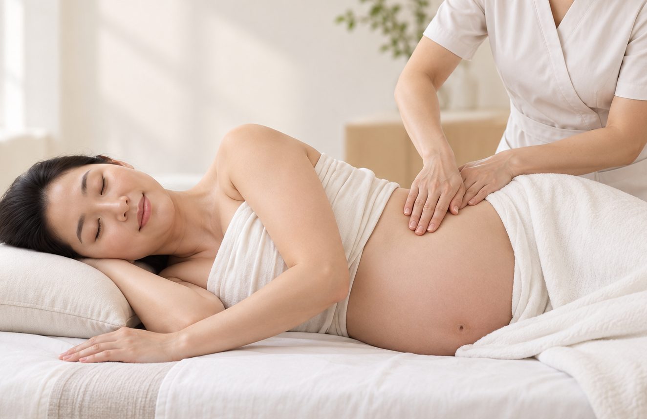 A pregnant woman lying on her side on a treatment table, eyes closed and smiling, a white towel over her hips, while a practitioner in a cream uniform works with both hands along her lower back.