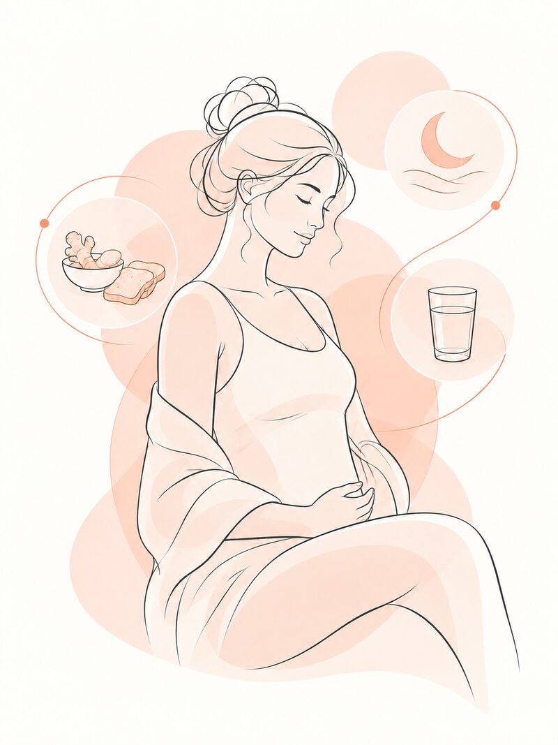 Early pregnancy, drawn as a line illustration: a woman resting in a chair with her eyes closed, a bowl of simple food and a glass of water beside her.