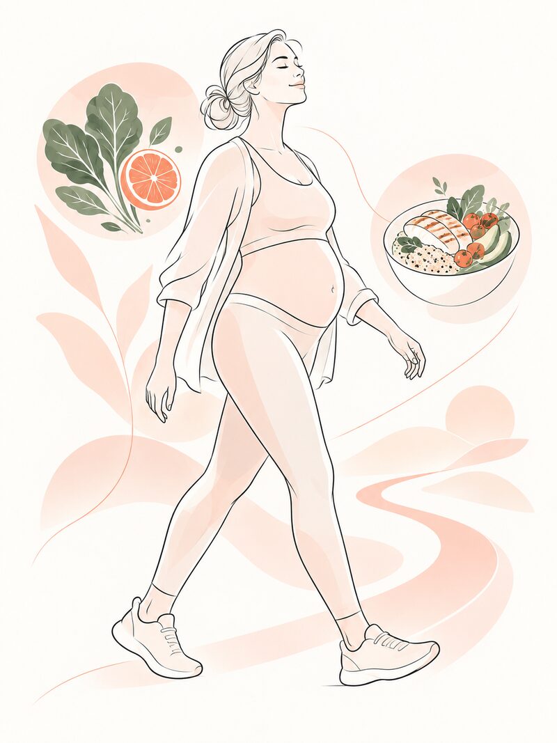 Middle pregnancy, drawn as a line illustration: a woman walking in comfortable clothes, with greens, citrus and a balanced plate around her.