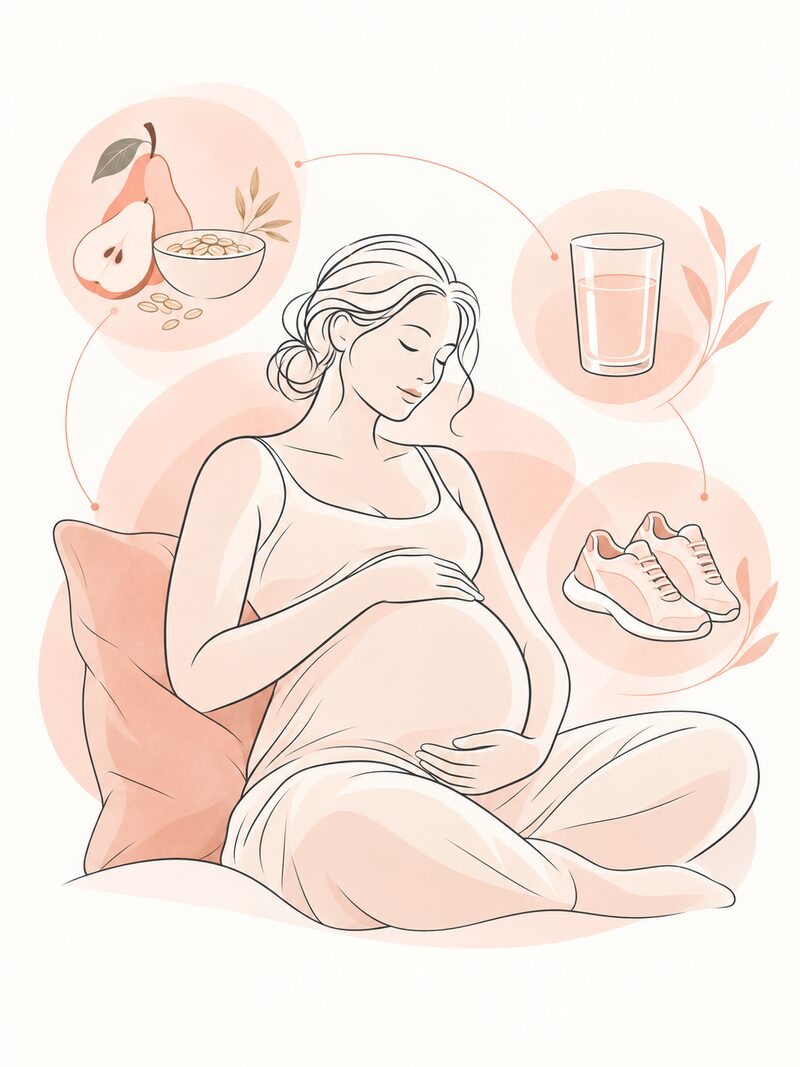 Late pregnancy, drawn as a line illustration: a woman resting against a pillow with a hand on her belly, a pear, a glass of water and a pair of walking shoes beside her.
