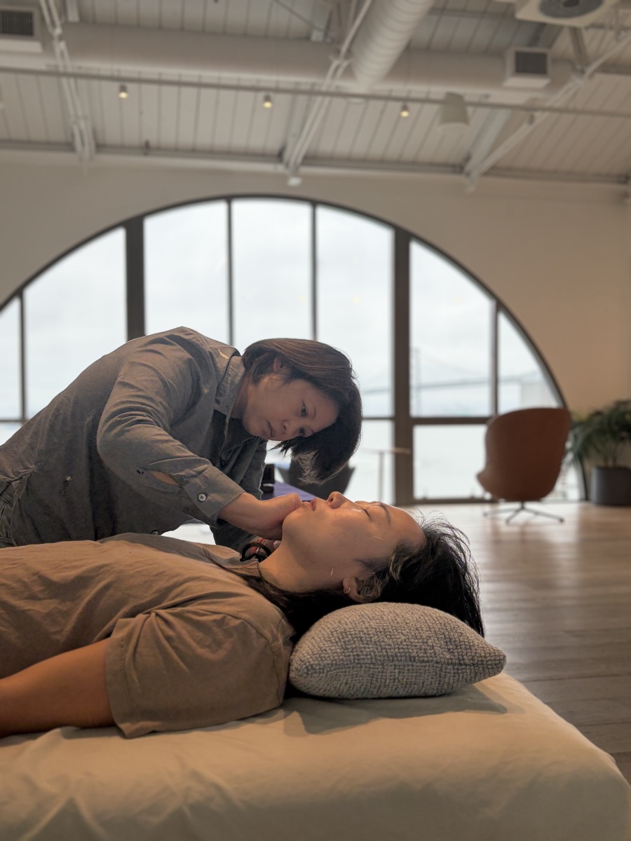 Dr Deb giving acupuncture to a patient beside an arched window